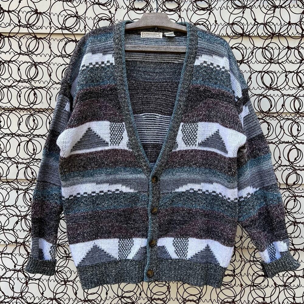Vintage Expressions abstract mountains lakeside knit cardigan sweater
